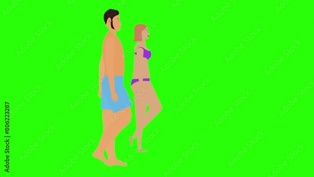 Man and Woman couple walking loop cycle, beach vacation theme, chroma key background animation Man and Woman couple walking loop cycle, beach vacation theme, chroma key background animation