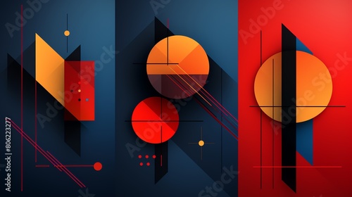 Striking modern abstract geometric artwork featuring bold shapes and a rich color palette of red, orange, and blue