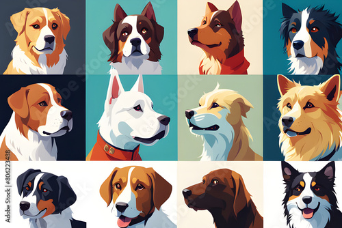 Various types of dogs, illustration, design. Generative ai.