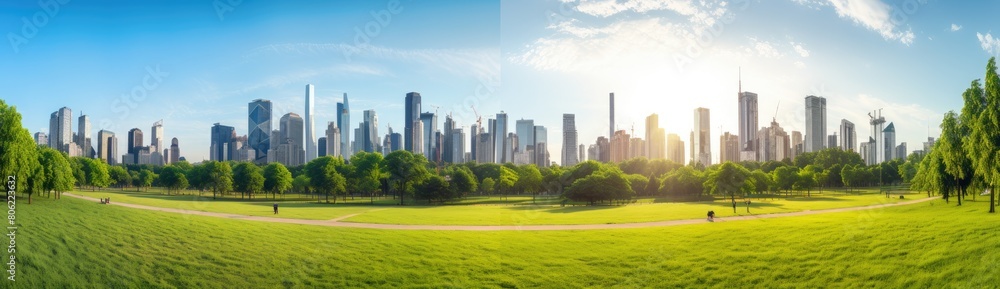 Fototapeta premium Cityscape Retreat: Panoramic Glimpse of Central City Park, an Urban Sanctuary