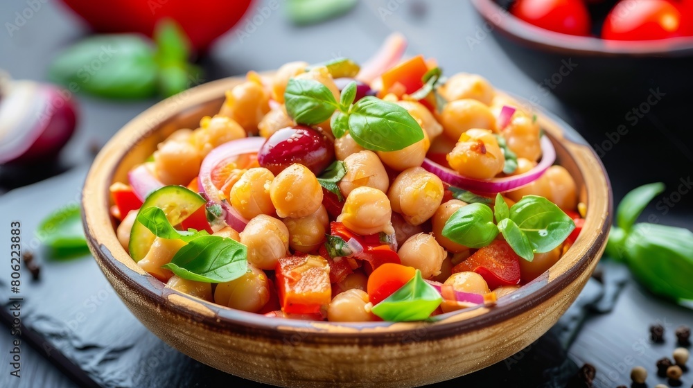 A fresh and nutritious homemade chickpea and vegetable salad, ideal for a healthy diet A fresh and nutritious homemade chickpea and vegetable salad, ideal for a healthy diet