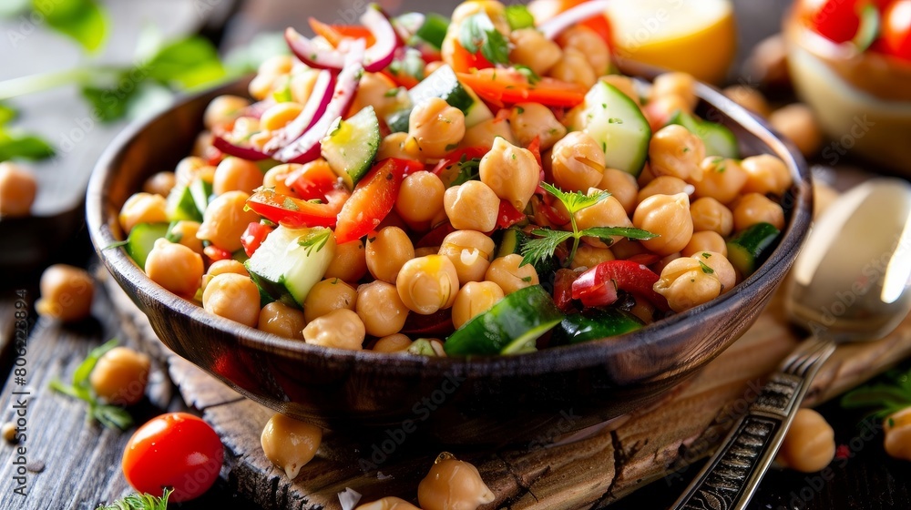 A fresh and nutritious homemade chickpea and vegetable salad, ideal for a healthy diet A fresh and nutritious homemade chickpea and vegetable salad, ideal for a healthy diet