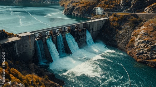 A hydroelectric power plant located in a serene natural setting, featuring a large dam with flowing water and surrounded by lush greenery