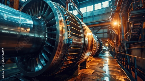 The internal rotor of a steam turbine, captured in a workshop setting, showcasing its complex machinery and metallic components photo