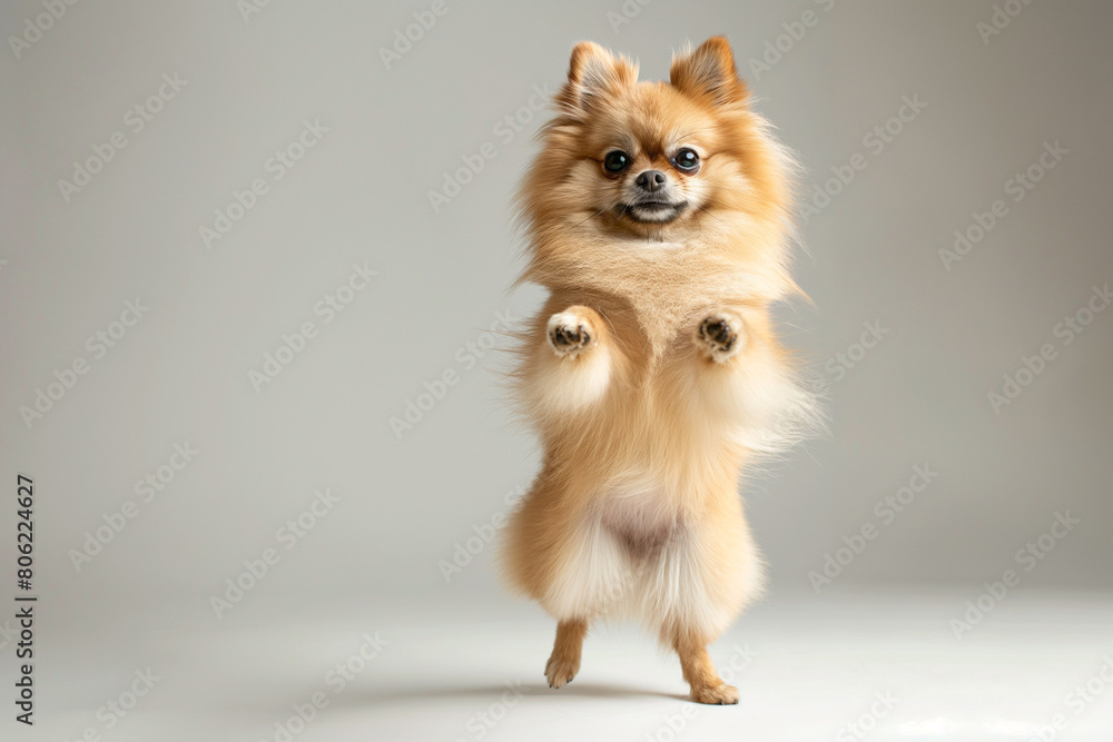 Portrait of cute small dog, Pomeranian spitz standing on hind legs, dancing isolated over white background. Concept of domestic animal, pet friend, care, motion, vet. Copy space for ad, flyer Portrait of cute small dog, Pomeranian spitz standing on hind legs, dancing isolated over white background. Concept of domestic animal, pet friend, care, motion, vet. Copy space for ad, flyer