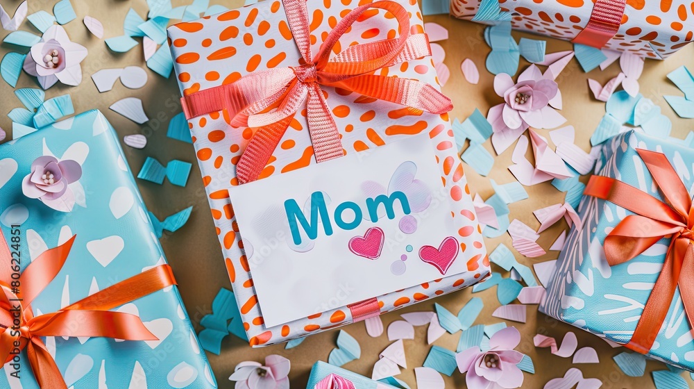 Colorful Mother's Day Gifts and Cards on Festive Background