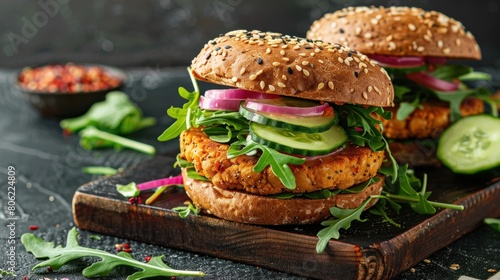 A scrumptious serving of vegan chickpea burgers topped with arugula, pickled cucumbers, and creamy hummus