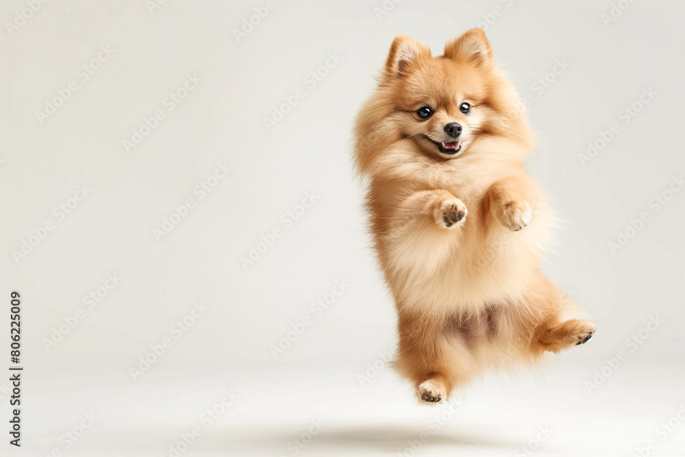 Portrait of cute small dog, Pomeranian spitz standing on hind legs, dancing isolated over white background. Concept of domestic animal, pet friend, care, motion, vet. Copy space for ad, flyer 