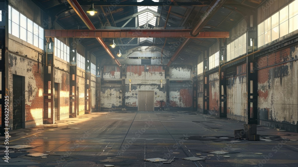 An expansive view inside a warehouse, highlighting its large space and industrial atmosphere. An expansive view inside a warehouse, highlighting its large space and industrial atmosphere.