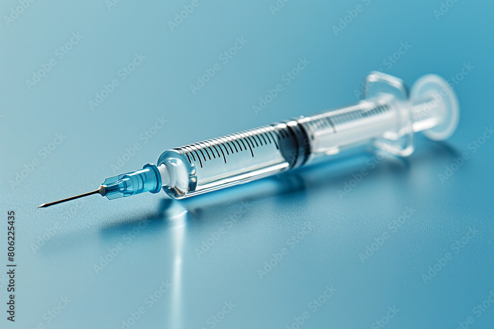 Close-up view medical syringe resting smooth reflective blue surface. Healthcare equipment Close-up view medical syringe resting smooth reflective blue surface. Healthcare equipment