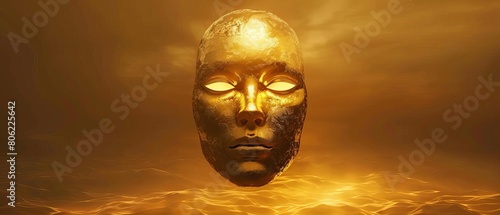 Faceless Golden Mask A faceless head wearing a glowing, hotmetal golden mask floats in a vast, empty space, symbolizing radiant beauty photo