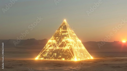 Faceless Golden Skincare Pyramid A faceless pyramid made entirely of glowing hotmetal skincare products stands tall in a minimalist desert