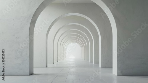 Modern white arched hallway architecture, minimal futuristic