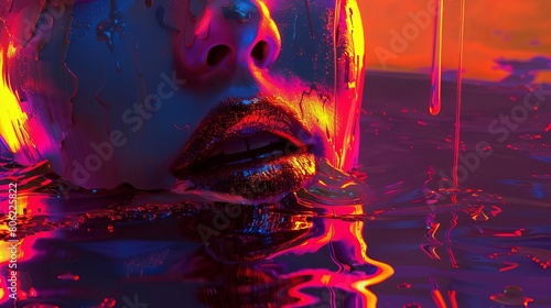 Hot Metal Lipstick Pool A faceless figure holds a glowing hotmetal lipstick that drips into a surreal pool of radiant beauty