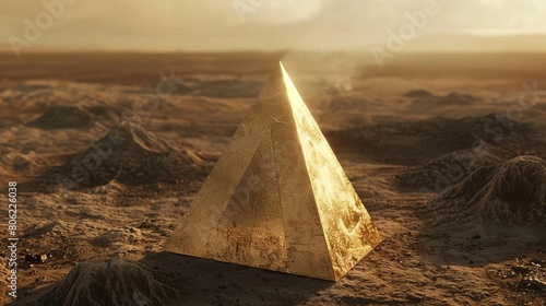 Surreal Faceless Golden Skin Pyramid A faceless golden pyramid made of hotmetal skin products stands in a vast, dark desert
