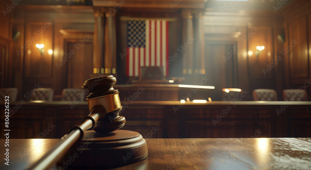 A wooden courtroom tableau featuring a judge's gavel on a table, surrounded by chairs, epitomizing the symbolic essence of justice, law, and authority in the legal system,Iconic Legal Scene A wooden courtroom tableau featuring a judge's gavel on a table, surrounded by chairs, epitomizing the symbolic essence of justice, law, and authority in the legal system,Iconic Legal Scene