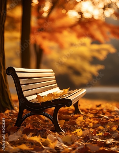 An empty park bench covered with fallen leaves