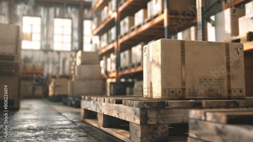 An industrial delivery concept showing boxes stacked on a pallet in a warehouse, symbolizing logistics and distribution