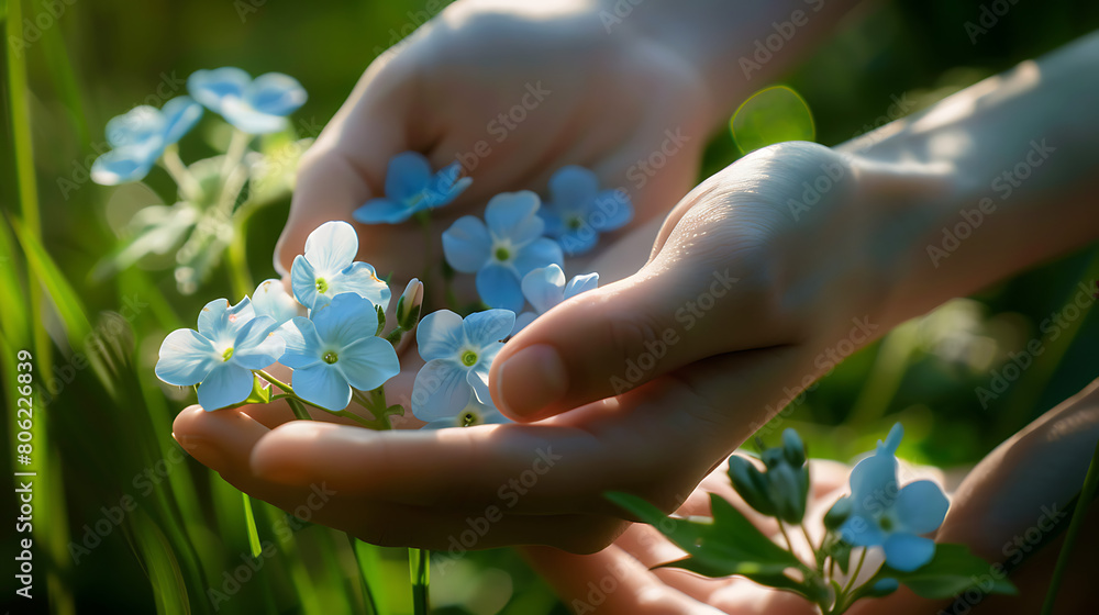 Nature's Touch: Delicate Blue Blossoms Cradled in Human Hands Nature's Touch: Delicate Blue Blossoms Cradled in Human Hands