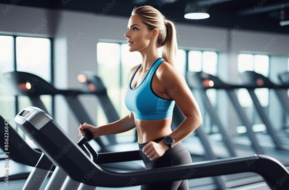 Young woman running on a treadmill in a sports club Young woman running on a treadmill in a sports club