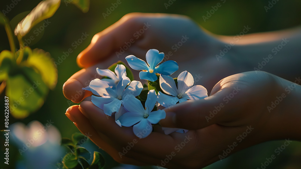 Nature's Touch: Delicate Blue Blossoms Cradled in Human Hands Nature's Touch: Delicate Blue Blossoms Cradled in Human Hands