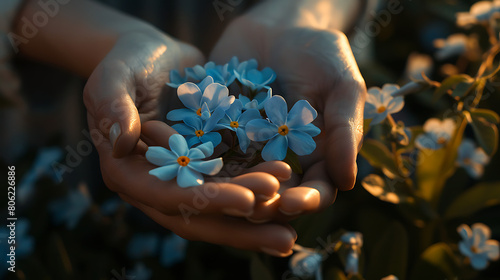 Nature's Touch: Delicate Blue Blossoms Cradled in Human Hands
