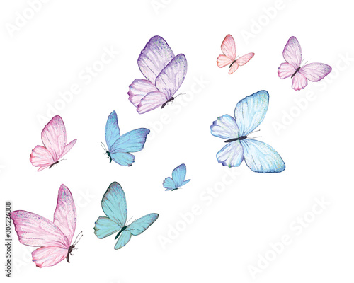 pink set butterfly pink art colorful  watercolor blue butterfly set illustration design for fashion  t shirt  print  graphic all type decorative 