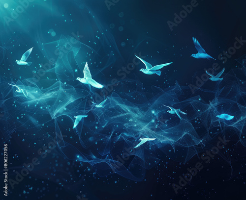 Abstract flying birds on a dark blue background Technological background for design on the topic of artificial intelligence, neural networks, big data Copy space