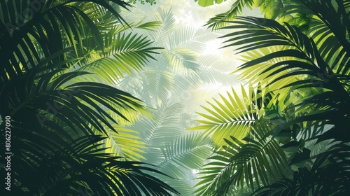 A vibrant vector wallpaper design featuring a lush jungle scene with various tropical trees and plants