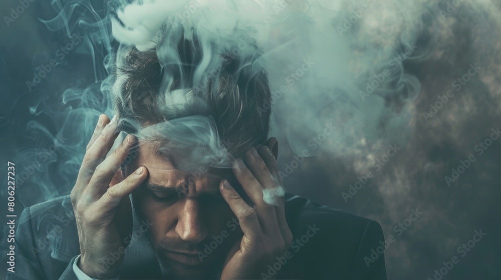 Obraz premium A depressed office man appears on the screen with a laptop in a state of confusion or contemplation while smoke or steam floats above him. mentally ill man stress and anxiety