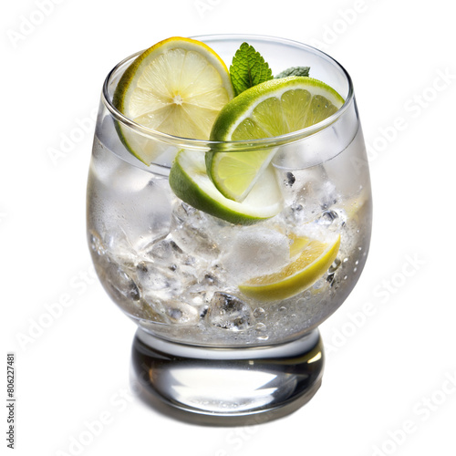 Clear glass with ice cubes, lime, lemon, and a mint leaf