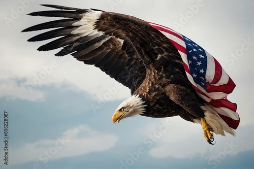 Eagle With American Flag Flies In Freedom