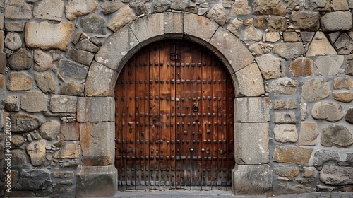 A large wooden door swings open within the rock castle wall. © Khalida