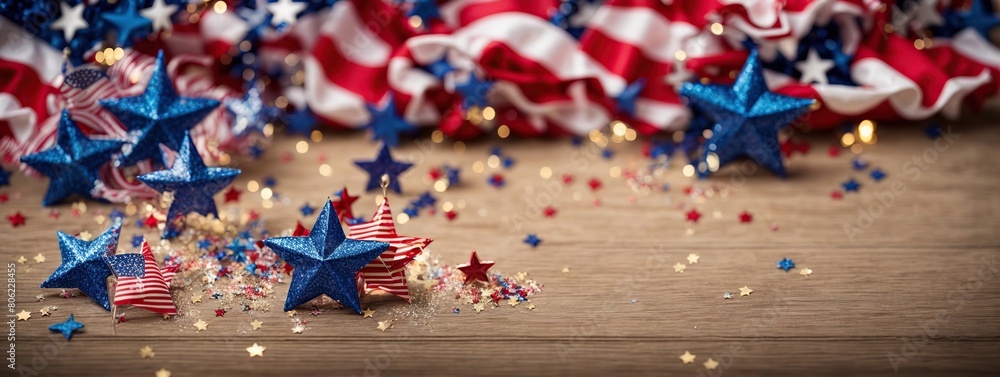 Fourth of July background. 4th of July holiday long horizontal border. USA Independence Day Decoration elements - confetti star 4 July, Independence day, labor day, Memorial or Veterans Day