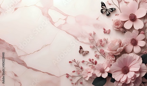 marble background with flower designs and butterfly silhouette, wall decoration in pink tones
