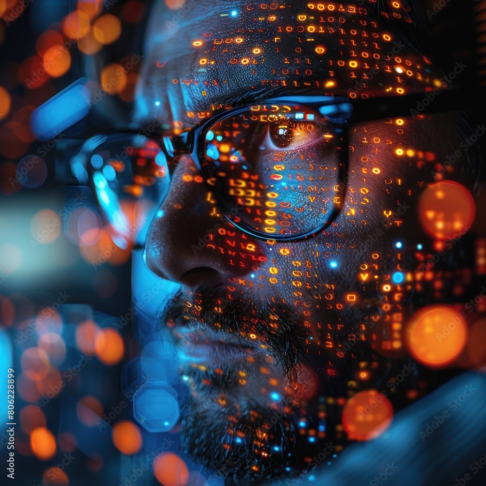 A male technology worker in glasses, surrounded by glowing streams of data and binary code, focuses on his computer screen, Bokeh lights create a soft glow around him A male technology worker in glasses, surrounded by glowing streams of data and binary code, focuses on his computer screen, Bokeh lights create a soft glow around him
