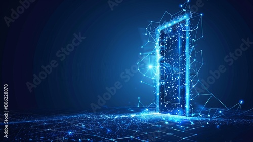 Open door at digital path, futuristic science fiction concept of doorway. Technology portal in a polygonal wireframe glowing style. Vector illustration on a blue background