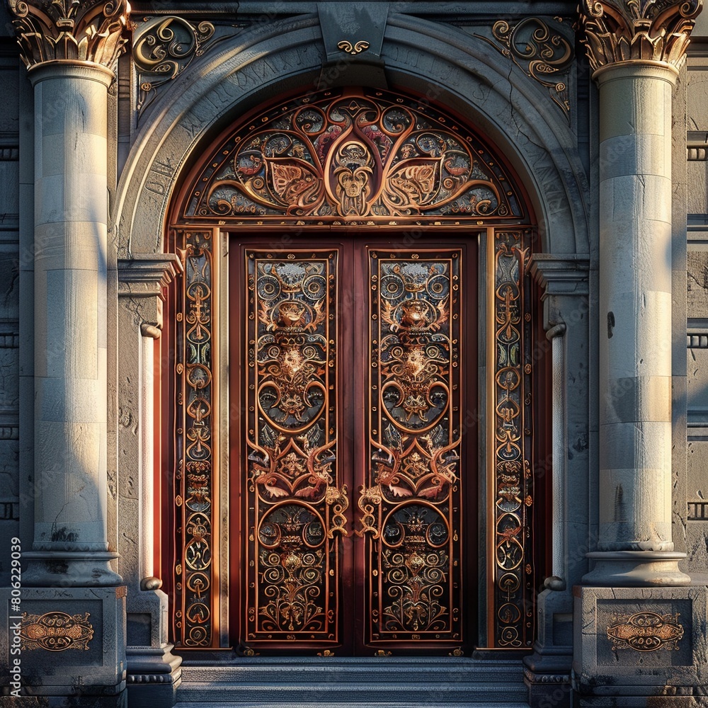 A majestic door with intricate carvings imagine prompt bright bold colors 8k macro lens 3d