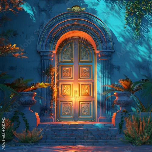 A grand doorway leading to an eternal paradise imagine prompt bright bold colors 8k macro lens 3d