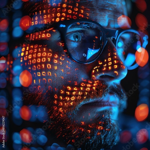 A male technology worker in glasses, surrounded by glowing streams of data and binary code, focuses on his computer screen, Bokeh lights create a soft glow around him
