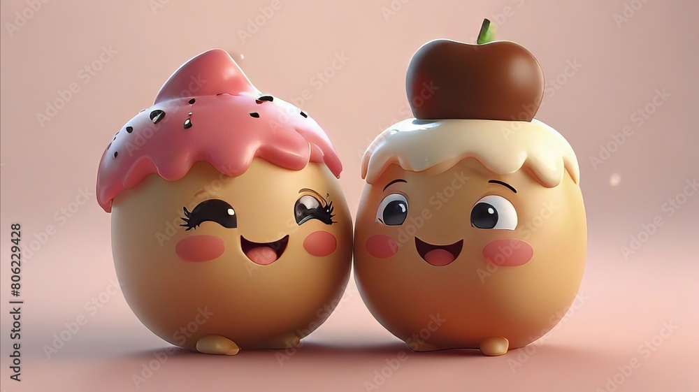 Cute happy couple of pudding in love. 3d rendering Cute happy couple of pudding in love. 3d rendering