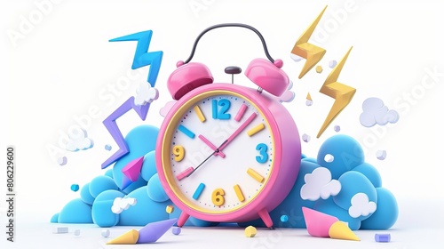 3D render alarm clock hurry up, ringing watches with flash lightnings. Morning alert, time countdown, last chance sale or deadline concept, Illustration in cartoon plastic style on white background photo