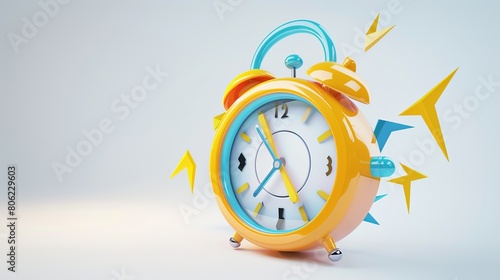 3D render alarm clock hurry up, ringing watches with flash lightnings. Morning alert, time countdown, last chance sale or deadline concept, Illustration in cartoon plastic style on white background photo