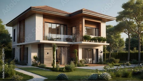 B3D rendering of a beautiful house with a garden