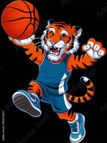 An energetic illustration of a tiger character leaping with a basketball. This dynamic and sporty image showcases the tiger in an athletic pose, dressed in a blue jersey.