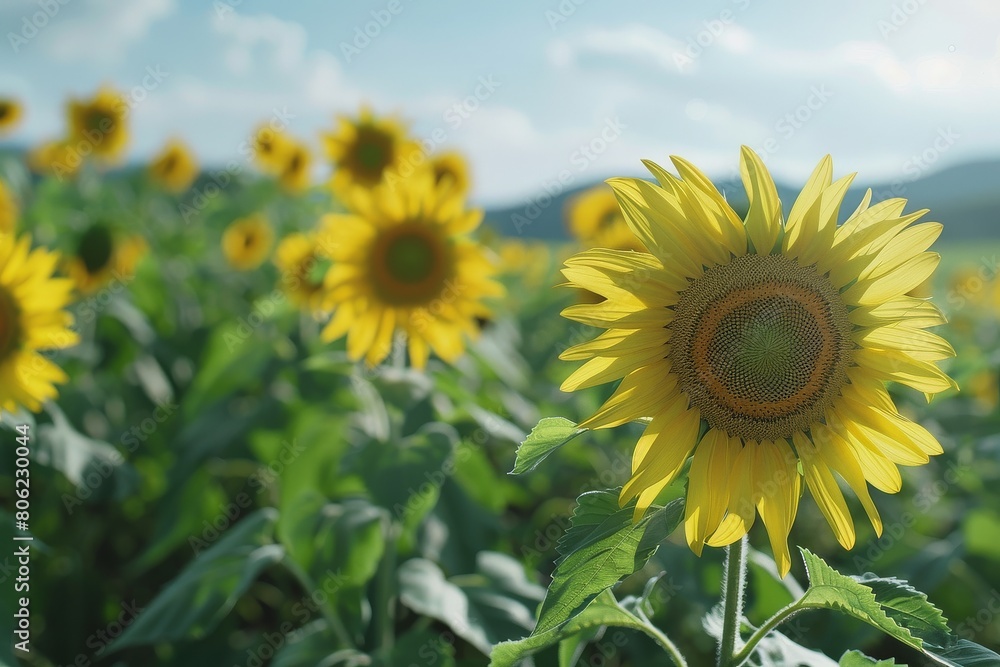 Vibrant sunflowers reaching for the sun in a vast field, signaling the arrival of the harvest season. Vibrant sunflowers reaching for the sun in a vast field, signaling the arrival of the harvest season.