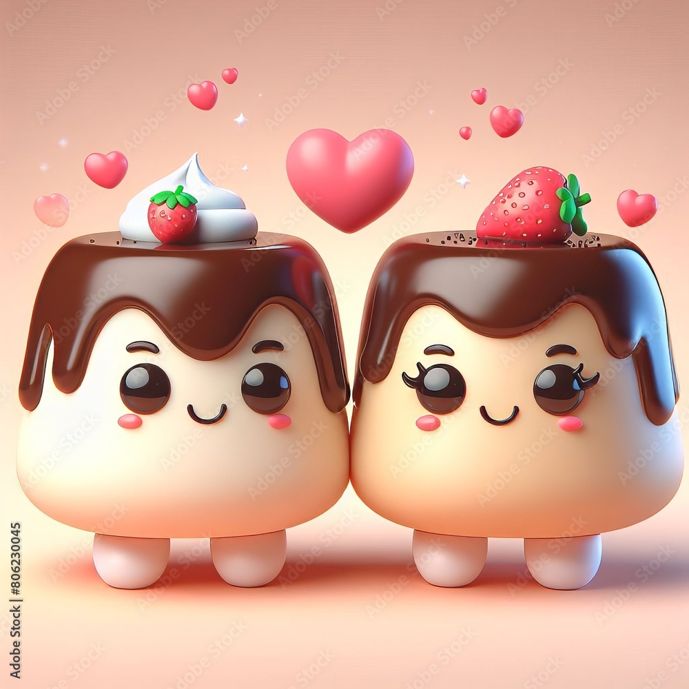 Cute happy couple of pudding in love. 3d rendering