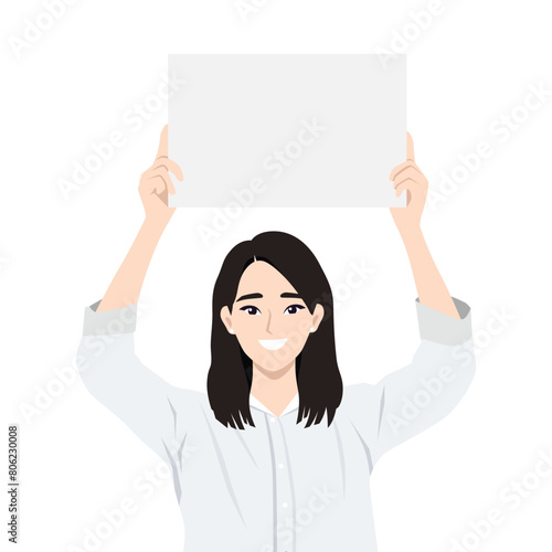 Asian woman holding empty blank white sign above her head. Flat vector illustration isolated on white background