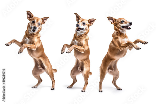 Portrait of cute small dog, CHIHUAHUA standing on hind legs, dancing isolated over white background. Concept of domestic animal, pet friend, care, motion, vet. Copy space for ad, flyer