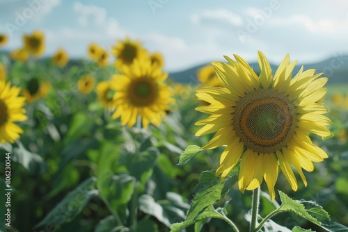 Vibrant sunflowers reaching for the sun in a vast field  signaling the arrival of the harvest season.
